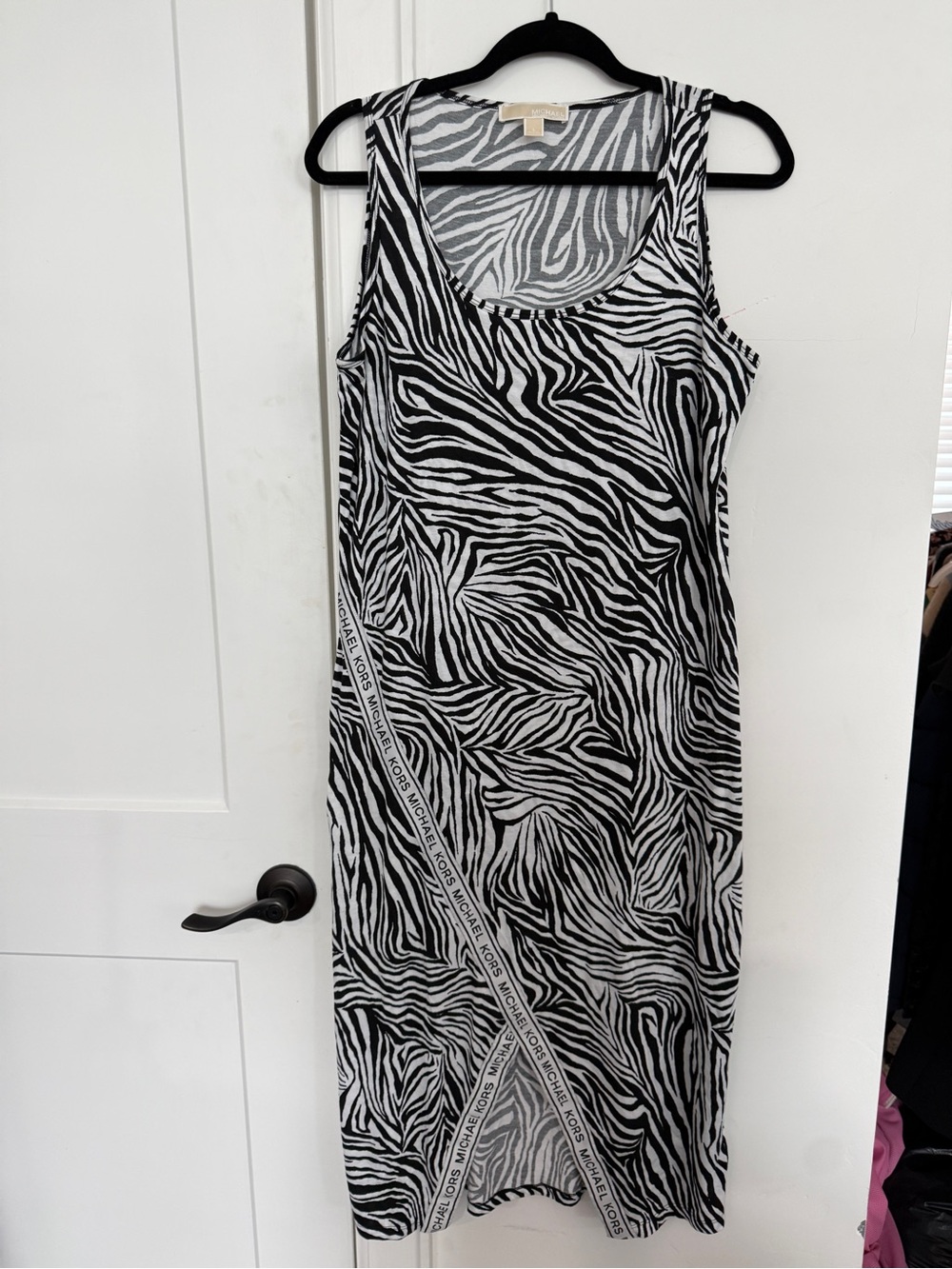 MICHAEL KORS Zebra Print Logo Tape Midi Dress Black White L EUC